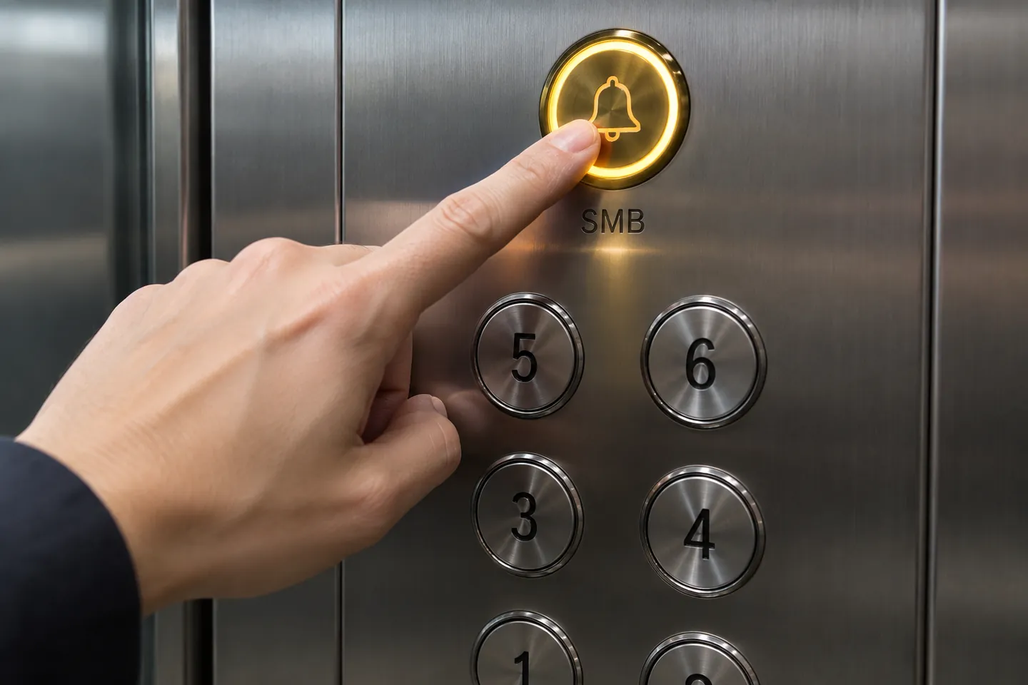 Hand pressing an elevator alarm button