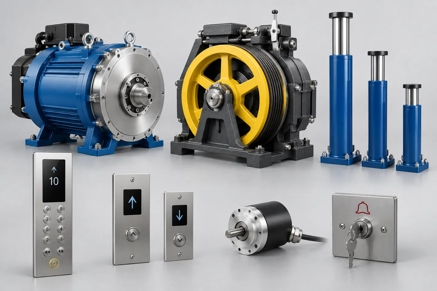 Elevator drive machines, buffers and operating controls