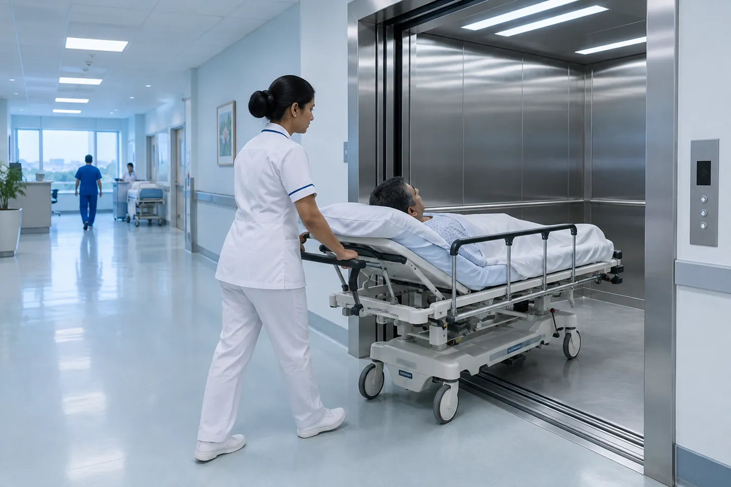 Nurse and stretcher at a hospital elevator