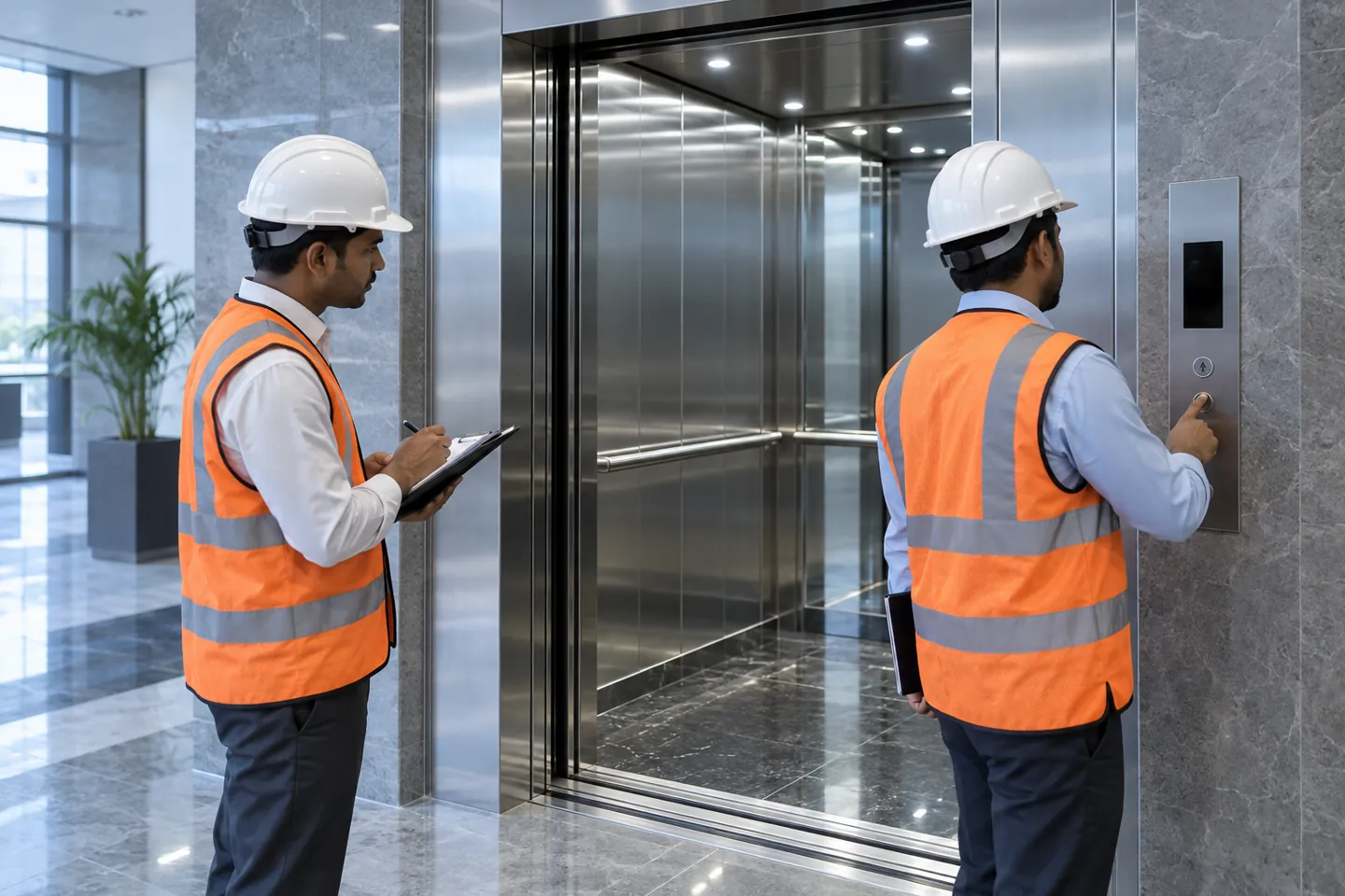 Engineers inspecting elevator systems
