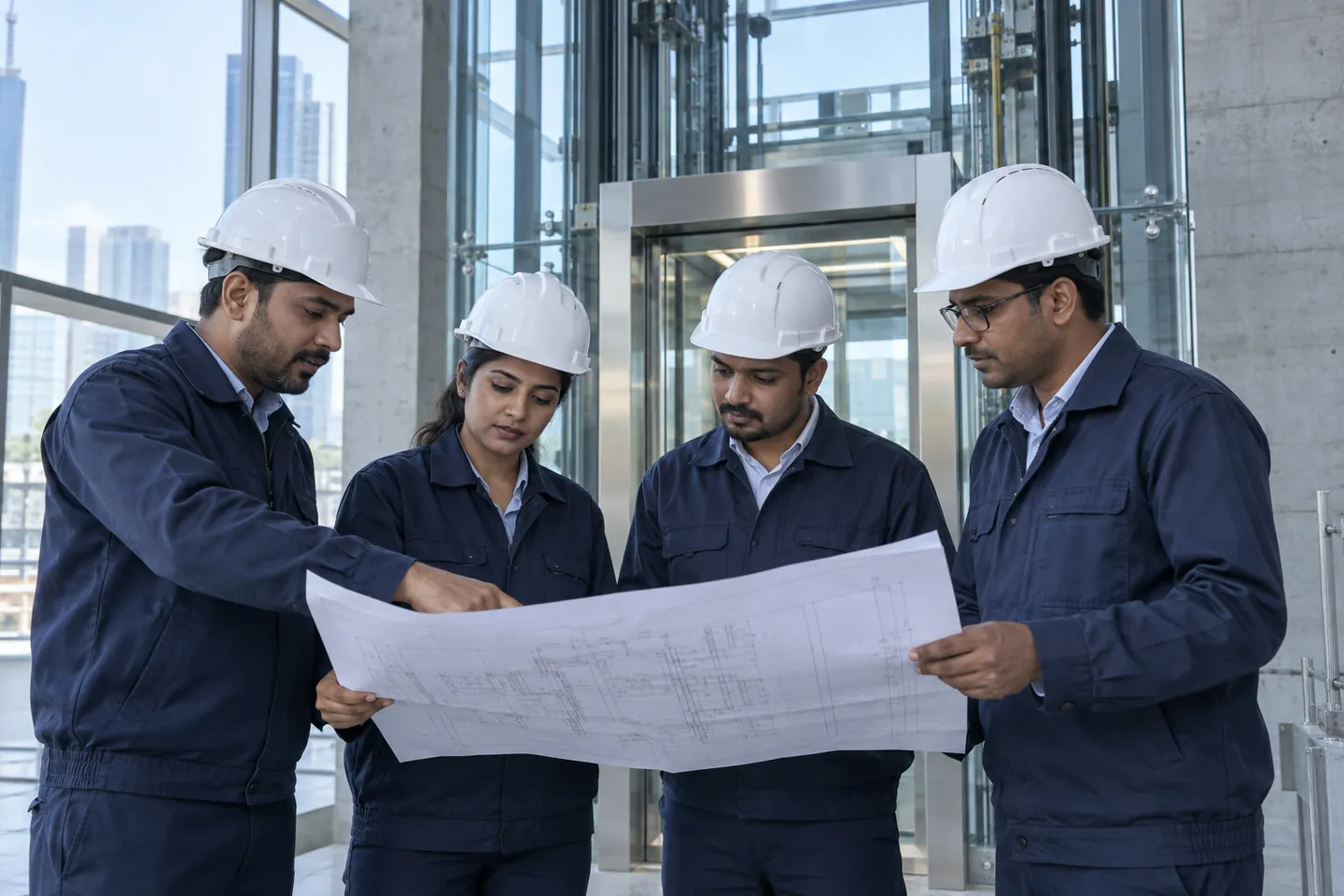 Elevator team planning an installation