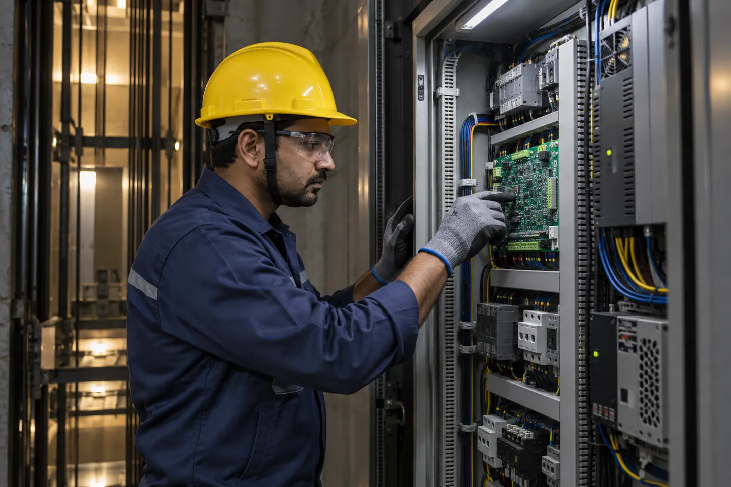 Technician inspecting elevator controls