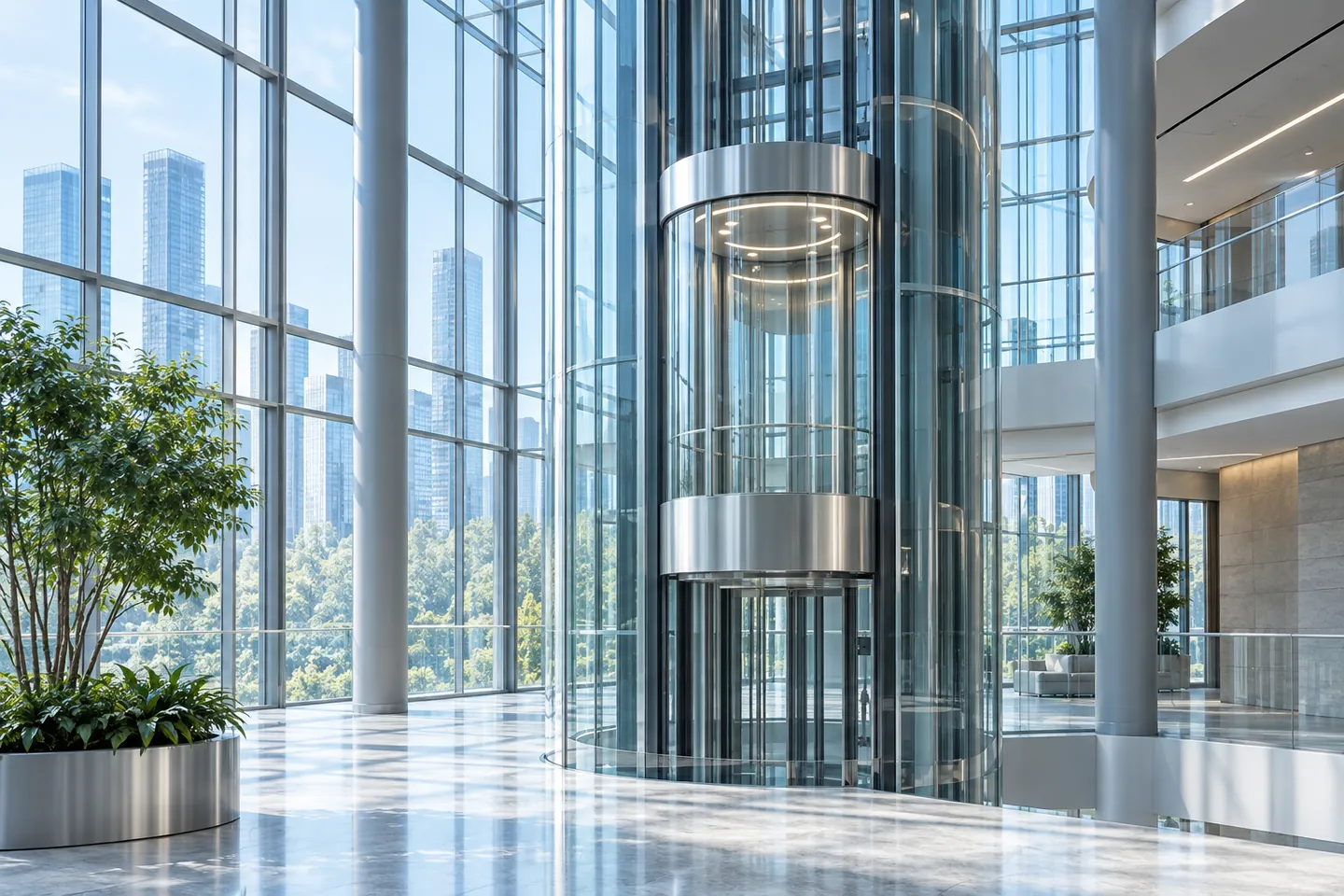 Glass elevator in a bright energy-conscious building